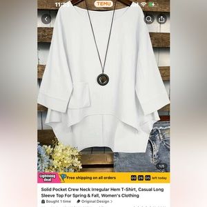 Solid Pocket Crew Neck Irregular Hem T-Shirt, Casual Long Sleeve Top For Spring